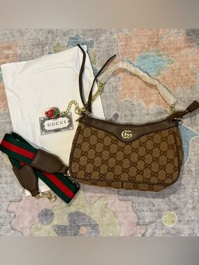 GG Brown Monogram Shoulder Bag with Gold Hardware